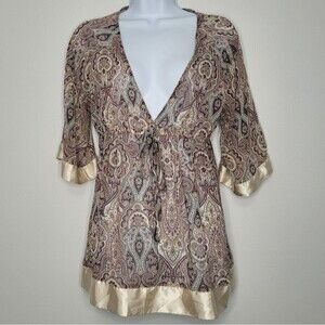 Vintage y2k deep v satin trim all over paisley print semi sheer tie front Large